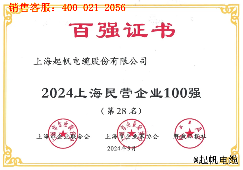 3.起帆電纜入圍2024年上海民營企業(yè)100強第28名